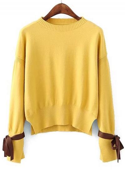 Oasap Round Neck Long Sleeve Bows Decoration Solid Knitwears