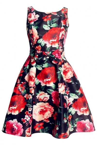 Oasap Beauteous Red Rose Print Swing Dress
