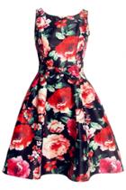 Oasap Beauteous Red Rose Print Swing Dress