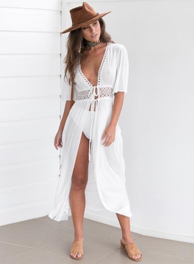 Oasap V Neck Half Sleeve Split Maxi Beach Dress