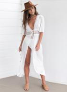 Oasap V Neck Half Sleeve Split Maxi Beach Dress