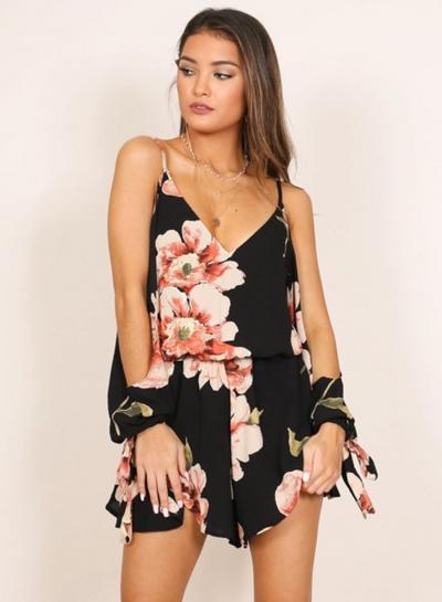 Oasap V Neck Off Shoulder Floral Loose Romper