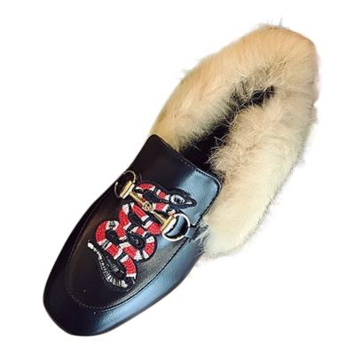 Oasap Faux Fur Embroidery Horsebit Square Toe Slip-on Shoes
