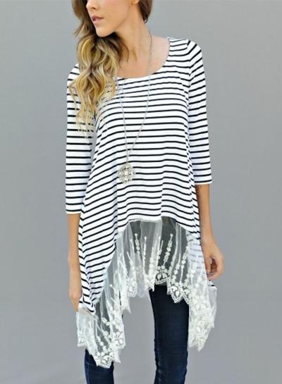 Oasap Striped 3/4 Sleeve Lace Panel Irregular Tee