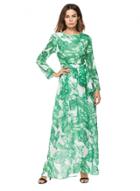 Oasap Round Neck Long Sleeve Leaves Print Chiffon Maxi Dress With Belt