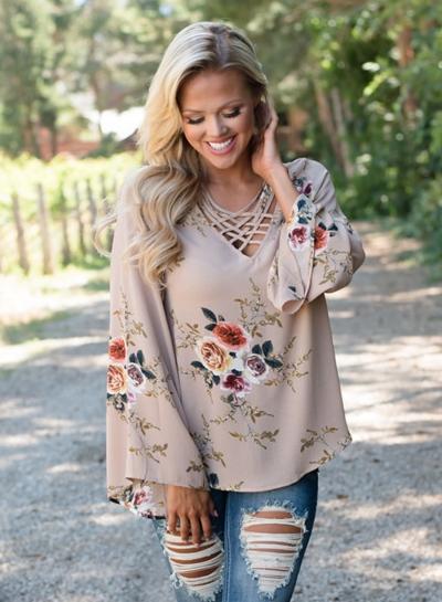 Oasap Deep V Neck Hollow Out Flare Sleeve Floral Print Chiffon Blouse