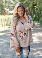 Oasap Deep V Neck Hollow Out Flare Sleeve Floral Print Chiffon Blouse