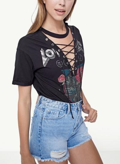 Oasap Vintage Print V Neck Tee Shirt