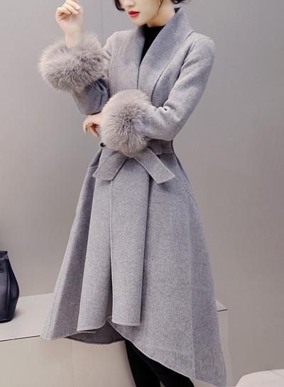 Oasap Turn Down Collar Faux Fur Splicing Coat With Belt