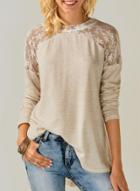 Oasap Round Neck Long Sleeve Lace Splicing Tee Shirt