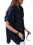Oasap Fashion Casual Solid Short Sleeve Lace-up V Neck Button Down Shirt
