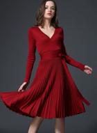 Oasap Solid Color V Neck Long Sleeve Pleated A-line Dress