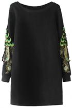 Oasap Chic Faux Peacock Feathers Sleeve Round Neck Shift Dress