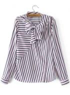 Oasap Round Neck Long Sleeve Striped Bows Decoration Blouse