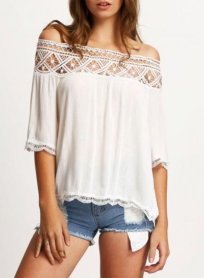 Oasap Off Shoulder Half Sleeve Lace Panel Blouse