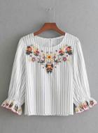 Oasap Three Quarter Length Sleeve Striped Floral Embroidery Blouse