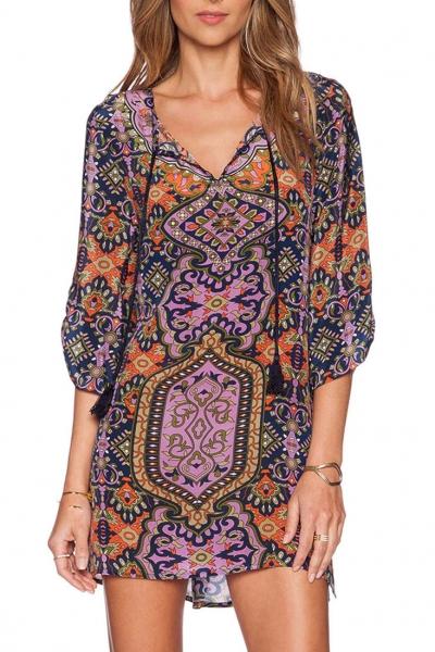Oasap Floral Print Boho Tasseled Split Neck Peasant Dress