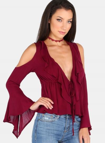 Oasap Deep V Neck Ruffle Off Shoulder Flare Sleeve Blouse