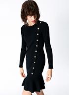 Oasap Fashion Long Sleeve Button Detail Fishtail Dress