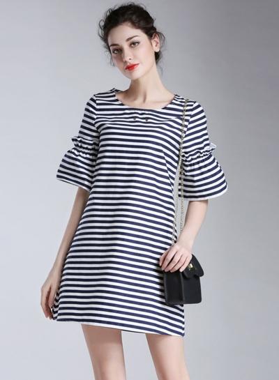 Oasap Casual Half Sleeve Striped Loose Mini Dress
