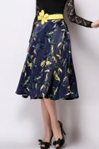 Oasap Demure Floral Graphic Midi Bubble Skirt With Flower Belt