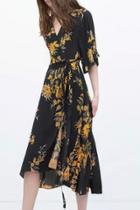 Oasap Vintage Floral Print 3/4 Sleeve Surplice Front Style Surplice Midi Dress