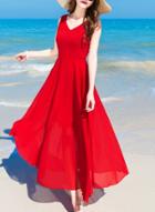 Oasap Solid Color V Neck Sleeveless Chiffon Dress