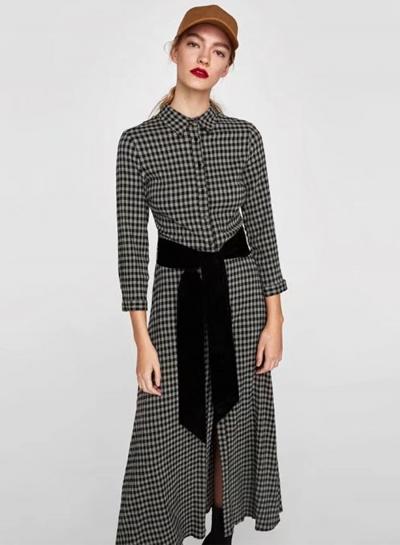 Oasap Casual Long Sleeve Plaid Maxi Shirt Dress With Belt