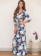 Oasap Three Quarter Length Sleeve Floral Print Maxi Dress