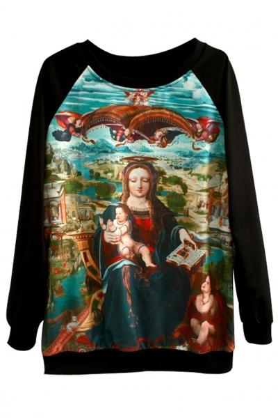 Oasap Black Graphic Paneled Virgin Mary Print Sweatshirt