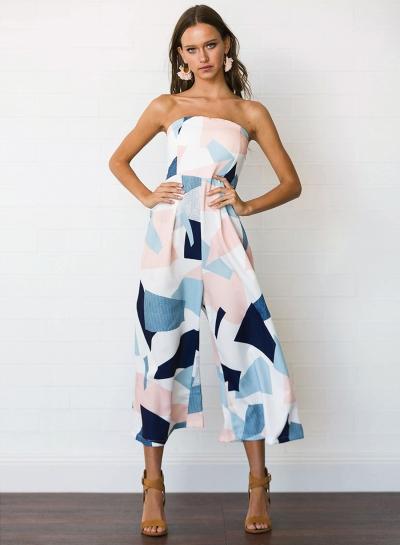 Oasap Geometric Print Strapless Sleeveless Jumpsuit