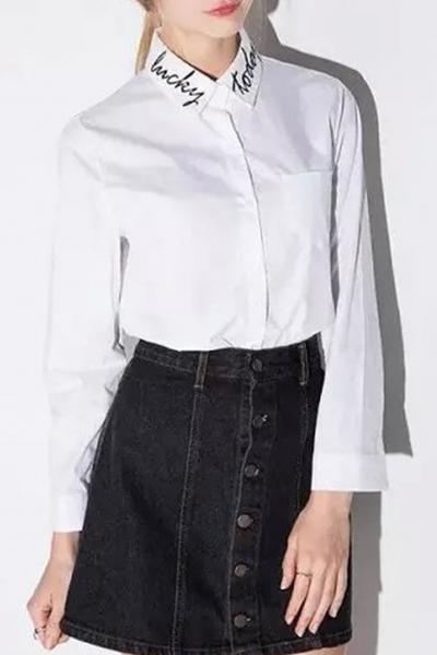 Oasap Letter Embroidery Print Button Down Shirt