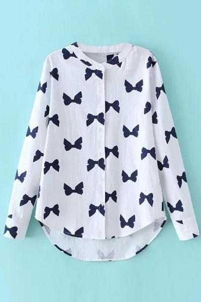 Oasap Sweet Bow Print High Low Button Down Shirt