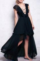 Oasap Lace-up Front Flouncing Decor High Low Party Dress