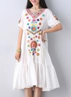 Oasap Vintage V Neck Short Sleeve Floral Embroidery Loose Fit Dress