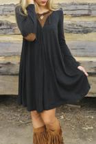Oasap Lace-up Neckline Elbow Patch Trapeze Dress