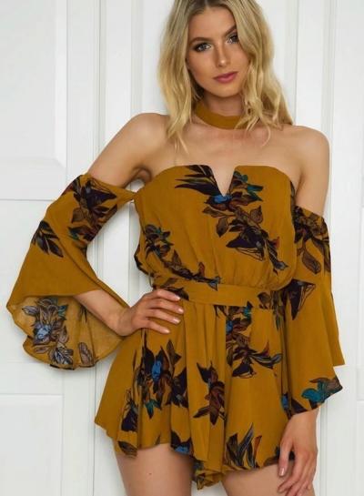 Oasap Fashion Beach Off The Shoulder Long Sleeve Lace-up Slash Neck Romper