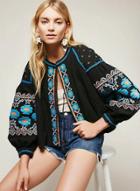Oasap Embroidered Tie Front Long Sleeve Loose Jacket