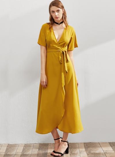 Oasap V Neck Short Sleeve Maxi Party Dress With Belt