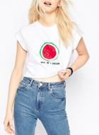 Oasap Cropped Round Neck Pattern Front Short Sleeve Tee