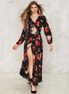 Oasap V Neck Long Sleeve Floral Printed Split Maxi Prom Dress