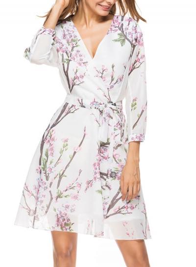 Oasap V Neck 3/4 Sleeve Floral Print A-line Dress With Belt