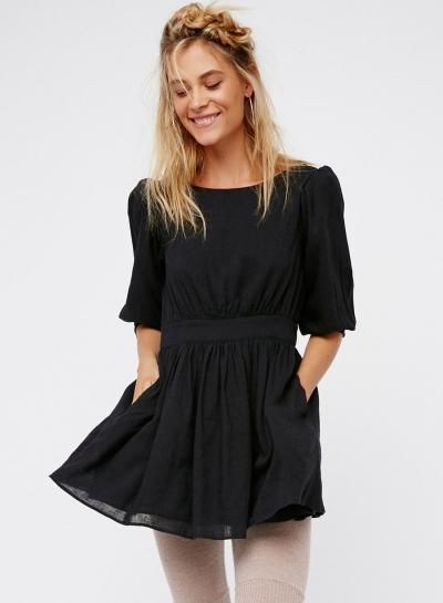 Oasap Round Neck Lantern Sleeve Mini Dress