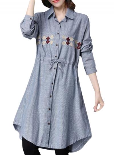 Oasap Women's Long Sleeve Drawstring Waist Button Down Shirt Dress