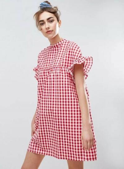 Oasap Cute Short Sleeve Plaid Loose Dress