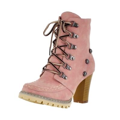 Oasap Round Toe Rivet Block Heels Lace Up Ankle Boots