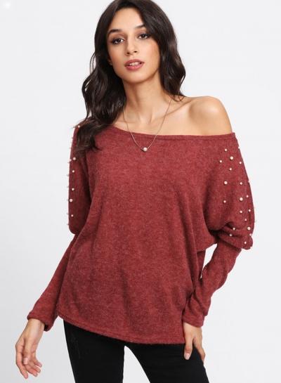 Oasap Round Neck Long Sleeve Pearls Detail Pullover Knitwear