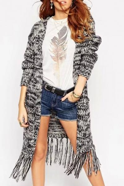 Oasap Heather Grey Fringe Hem Knit Cardigan