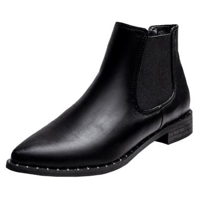 Oasap Low Chunky Block Heel Pointed Toe Studded Rivets Leather Ankle Boots