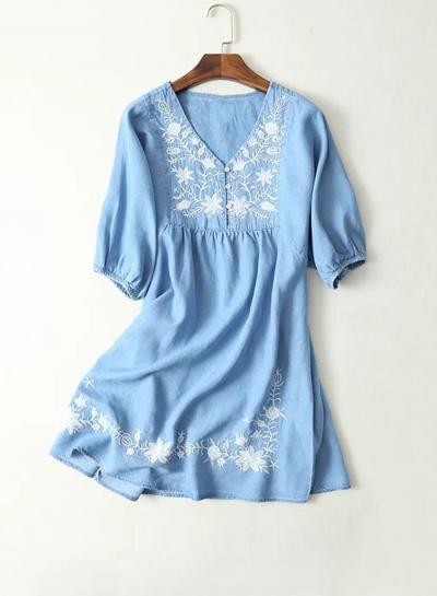Oasap V Neck Short Sleeve Embroidered Denim Dress